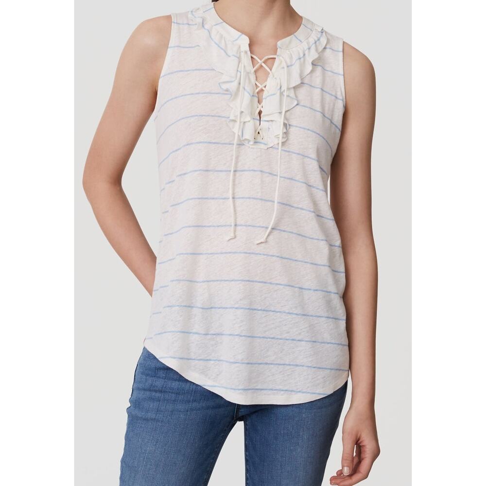 LOFT NEW Muted White & Blue Striped Ruffle-Accent Lace-Up V-Neck Tank Top Small